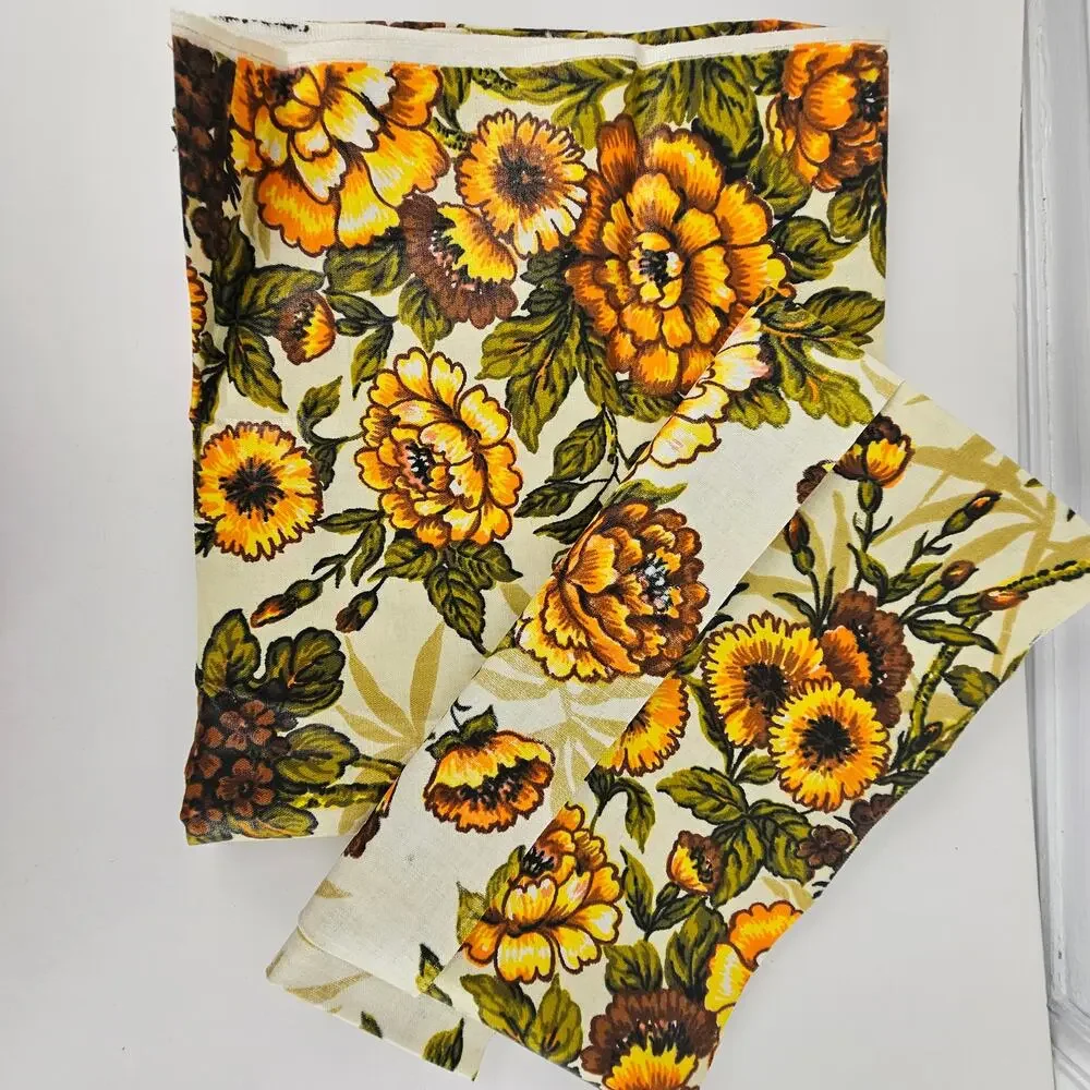 VTG MCM 70s gold green orange floral upholstery home decor fabric